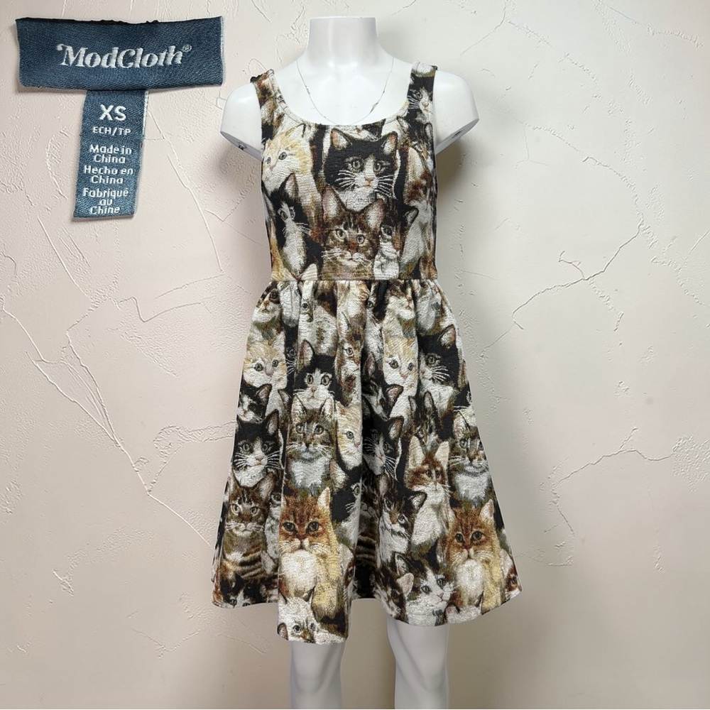 NWOT ModCloth Tapestry Cat Print Fit & Flare Dress Sz XS
